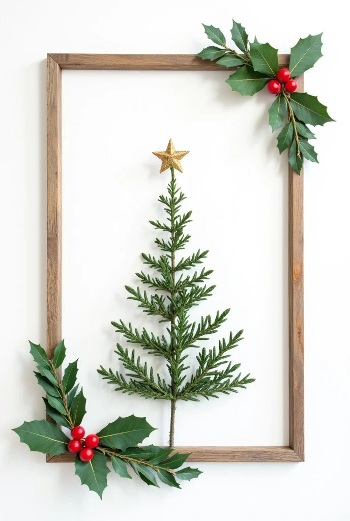 Design photo frame for Christmas. It incorporates Christmas tree. white background. It should be powerful, iconic, elegant, complex and simple