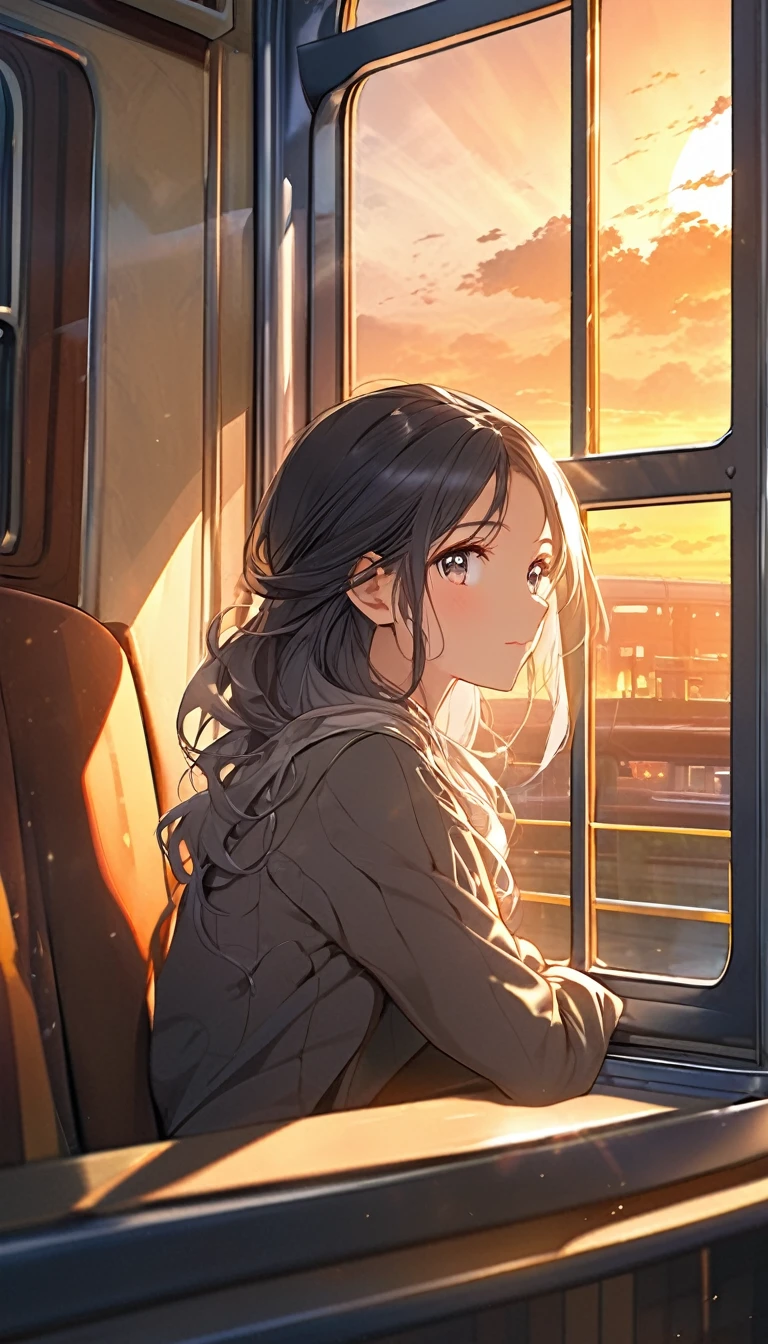 Anime girl sitting on a train and looking out the window., Beautiful animated pictures, Portrait of Lopi at a window, beautiful anime girl, Portrait of Lopi, Lopi Girl, Portrait of an anime girl, Gwaites style work, high quality vertical, With sunset, Attractive anime girl, cute anime girl, Draw a realistic picture of a cute girl., animation style. 8kg