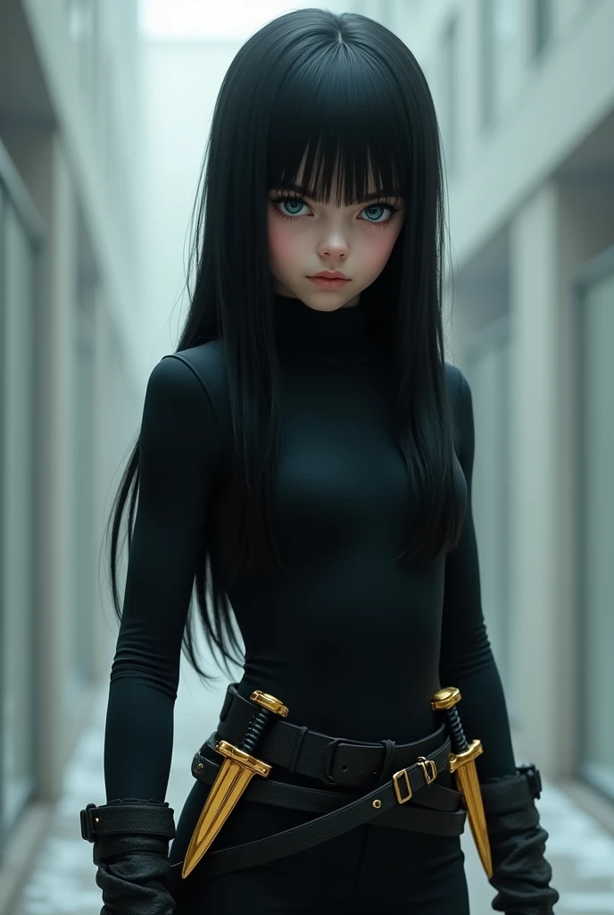 a ten-year-old girl who is 1.35 meters tall, with long straight black hair, her eyes are an icy blue, almost lifeless, always focused and attentive to every detail around her, always focused and attentive to every detail around her, she wears a tight black outfit, made of a material that does not make noise when moving, on her belt two golden combat knives