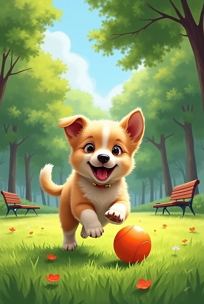 Drawing of a puppy playing in the park with a ball