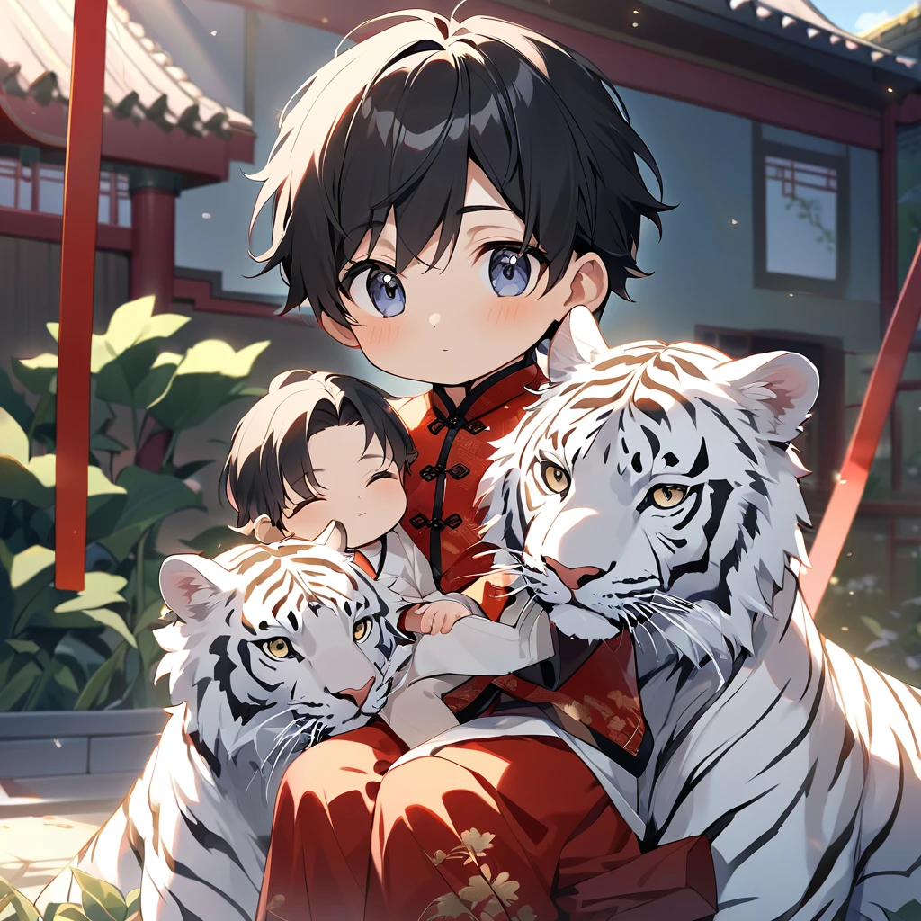 A handsome young man with a good face and a gentle face, wearing a white ancient Chinese costume, riding on white tiger, hugging his little sister, who is old, little sister has a black hair,, black hair, in a red Chinese New Year costume. In the morning, there is sunlight shining in the front yard garden.