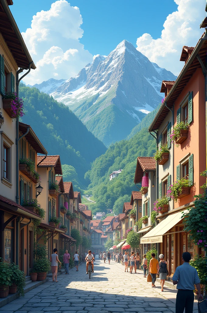 A town with beautiful green mountains and inhabitants 