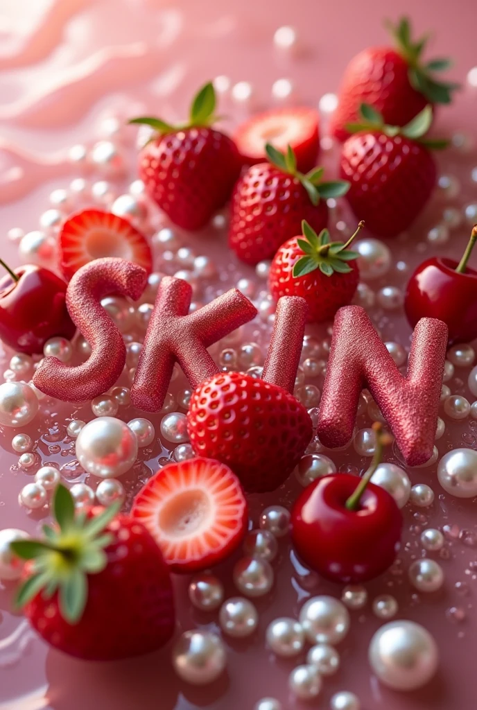 Logo with the letters SKINLUXURY with pearls, strawberries, Cherries and water Red color, white 