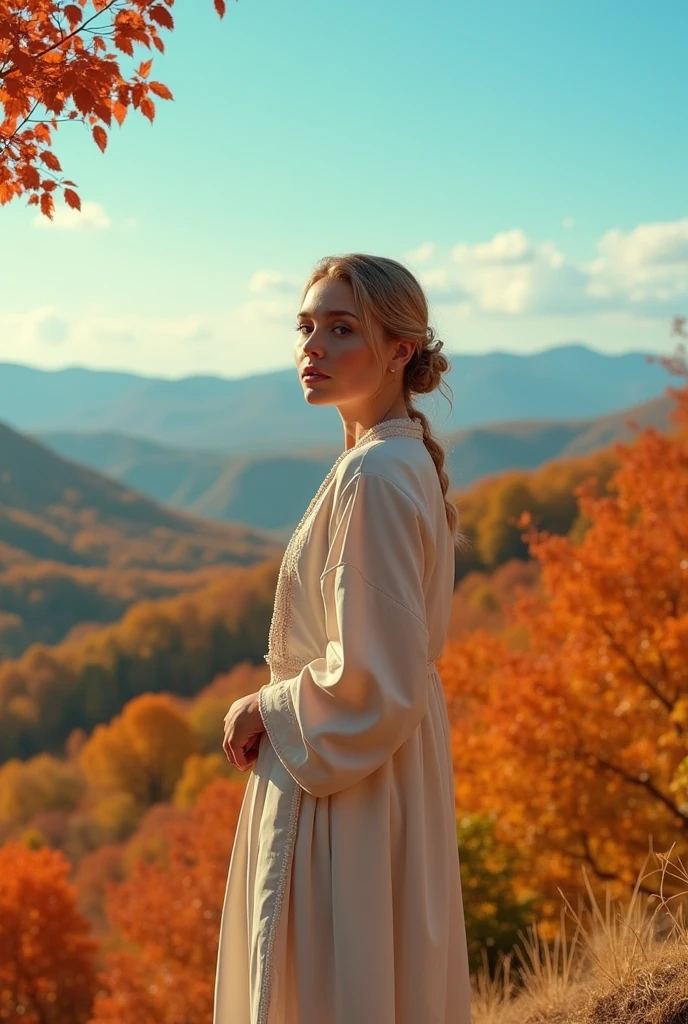 elizabeth olsen, 8k wallpaper, beautiful photo, standing on a hill with a blue sky, leaves turning colors on trees