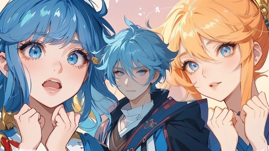 anime characters with different colored hair and blue eyes, anime in fantasy style, genshin, anime style 4 k, 2d art cover, stylized anime, anime art wallpaper 8 k, high quality anime artstyle, anime artstyle, trending anime art, trending on artstation pixiv, game art!!, high quality fanart, 4 k manga wallpaper, Flying hair, sexy girl, sensuous, sorriso sensuous, charming smile, provocative clothes, big boobies, neckleace sensuous, sultry eyes, 8k, smooth lines, sexy girls, big boobies, neckleace, girls with their hands on their faces, cute girls
