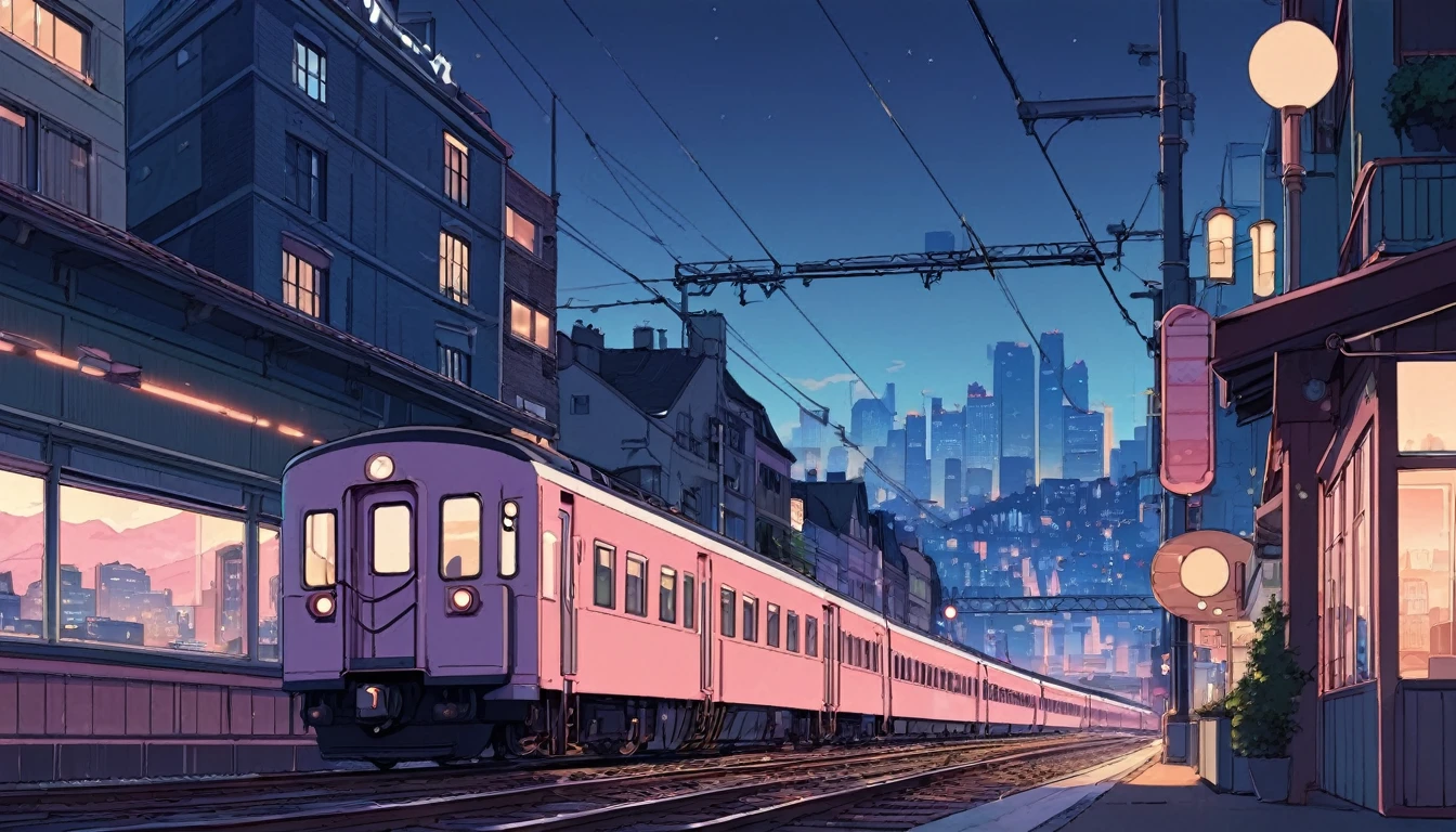 there is a train that is going down the tracks at night, anime aesthetic, lofi art, anime background art, anime vibes, lofi artstyle, anime style cityscape, anime background, background art, in style of laurie greasley, anime landscape, laurie greasley, lo-fi illustration style, by Yanagawa Nobusada, town background