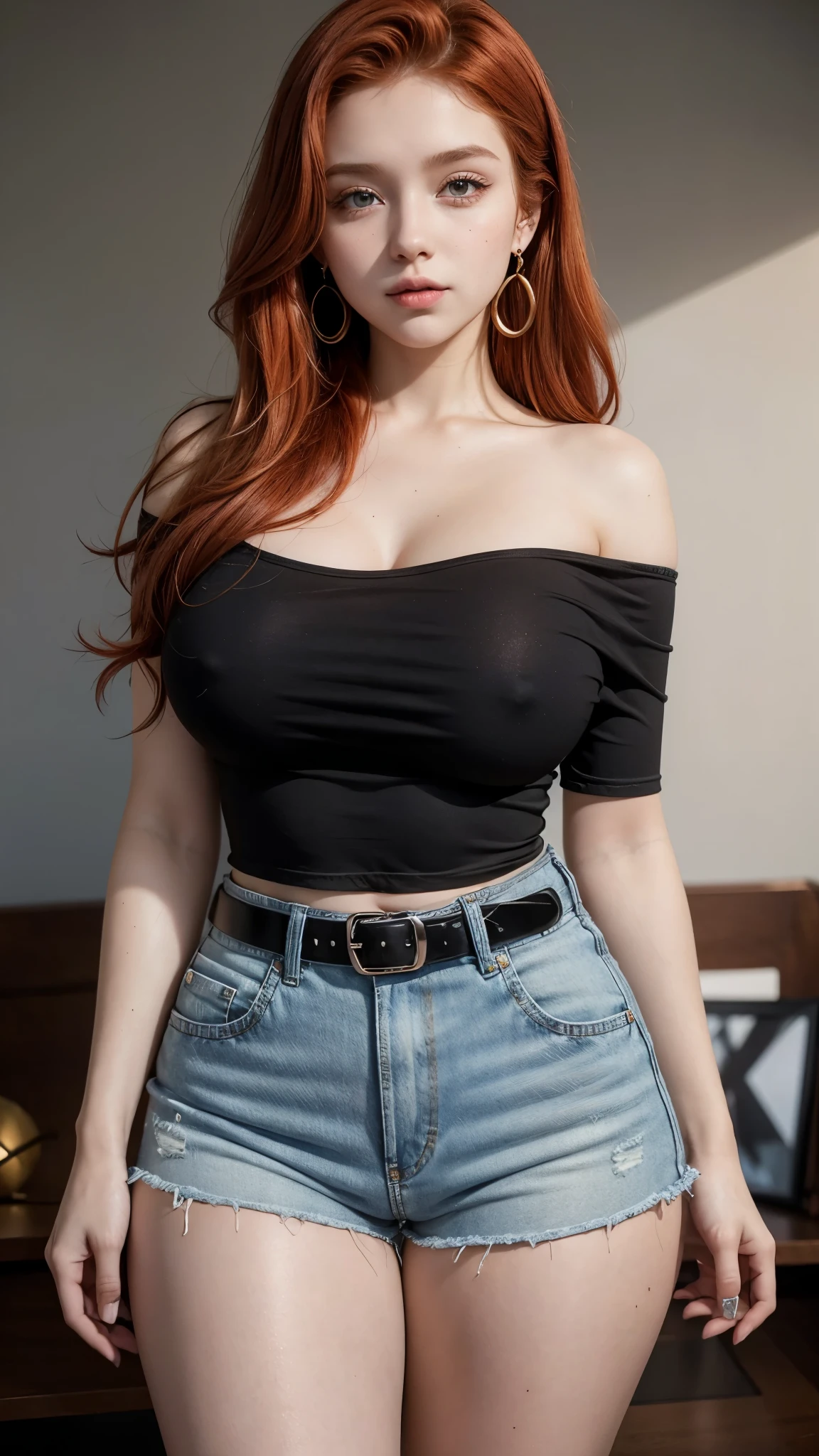 Beautiful 18 year old redhead girl wearing beautiful big earrings and black one shoulder tight blouse and high waisted denim shorts with belt and showing her belly button T shape with big breasts and thick legs
