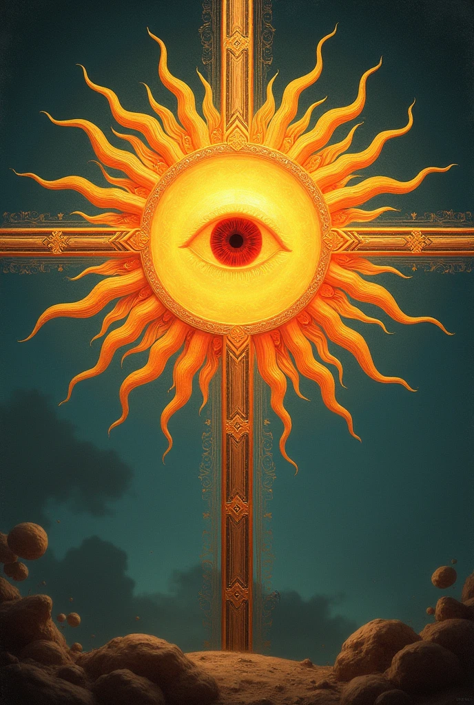 A Catholic art style Sun with a red eye in it