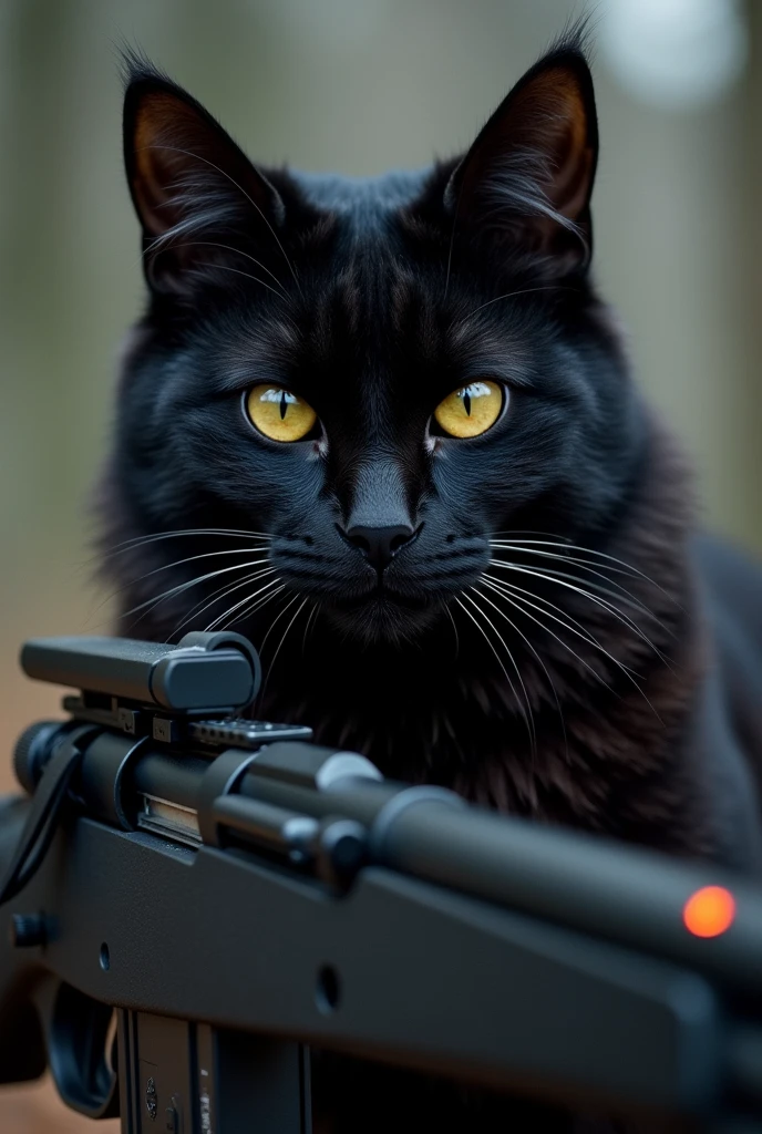 sniper as black cat. full of electronics and ammo is hiding and stalkering. Calm aggressive look. Full-shot