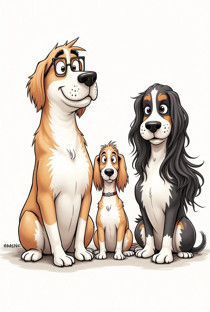 Draw three dogs as caricatures based on the following characteristics, The first is Samuel, the biggest, He is fat and has very short brown hair., wear square glasses. The second is Magda, It is the smallest, She has long hair and bangs, slightly light brown hair and the last one is Maria, The median, He has short black hair, He also has freckles. Maria is taller than Magda but shorter than Samuel.