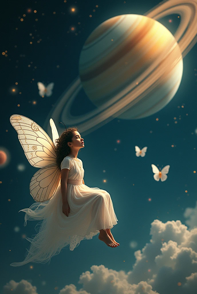 A girl sitting on moon-shaped butterflies , while looking at Saturn