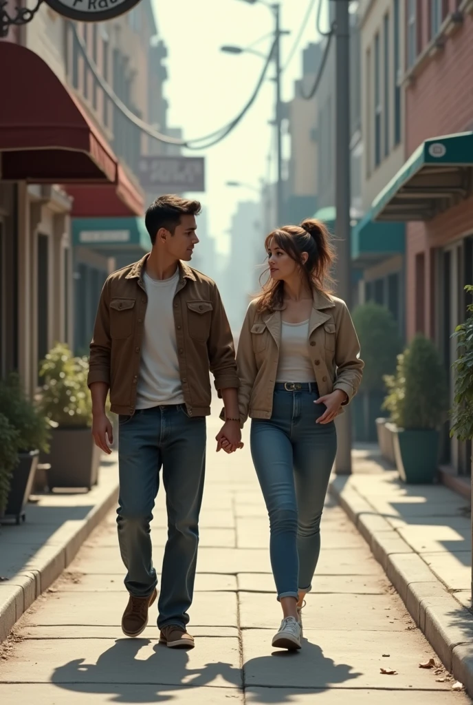 Man from behind walking with woman on realistic sidewalk