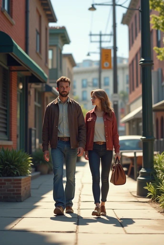 Man from behind walking with woman on realistic sidewalk 