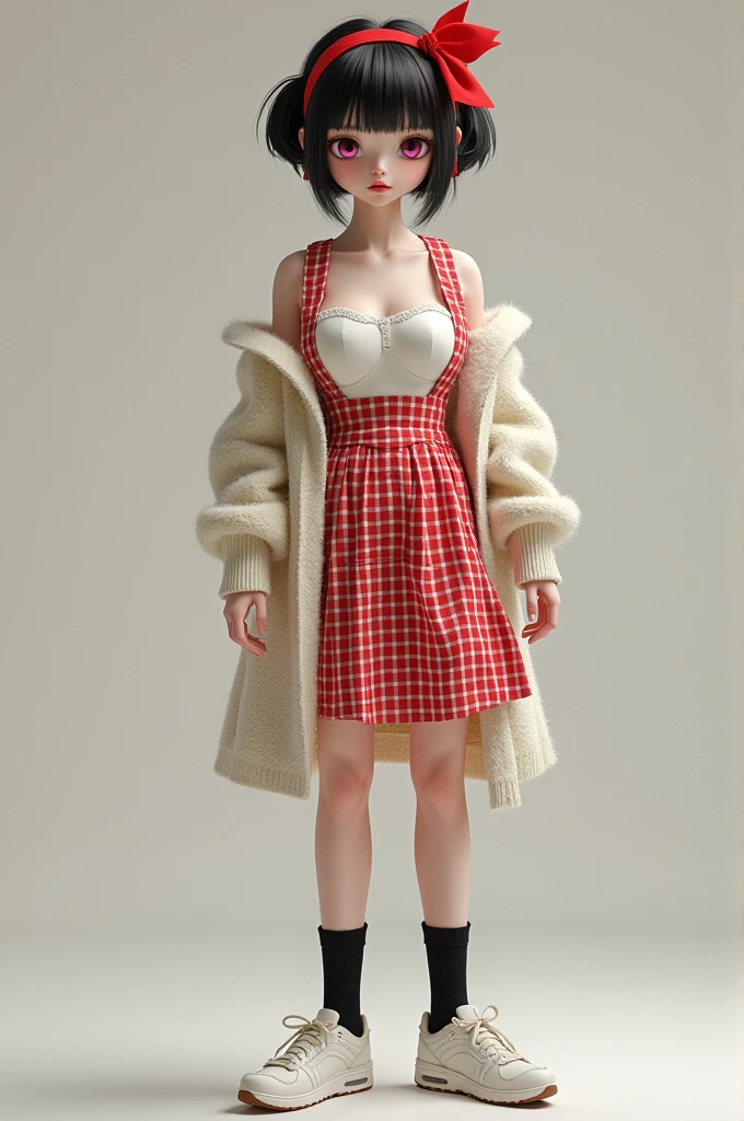 very thin legs, very thin body, very very big tits, very very white skin, white sneakers, black socks, Red suspender skirt (check pattern), Ivory cardigan, hair band red, Secret two-tone pink, red ribbon, pink eyes, side hair hime cut, straight bangs