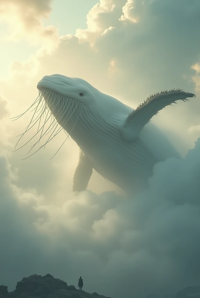 In the sea of clouds, a huge white whale is engaged in a battle with a traditional dragon. The whale has long whiskers and fins like wings. The view is from a low angle, providing a panorama. The resolution is 8k. The scene is filled with flying dust, and the light is from the. The style is in the Zen tradition. The expression on the face is one of astonishment. The composition is epic in scale. The interplay of light and shadow is delicate. There is a sense of motion blur, and the color tone is warm. The atmosphere is mythical. The lens used is a wide-angle one, and the dynamic range is high. The light is from the sidelight, and the shutter speed is fast. The whale is jumping, creating a sense of tension.

