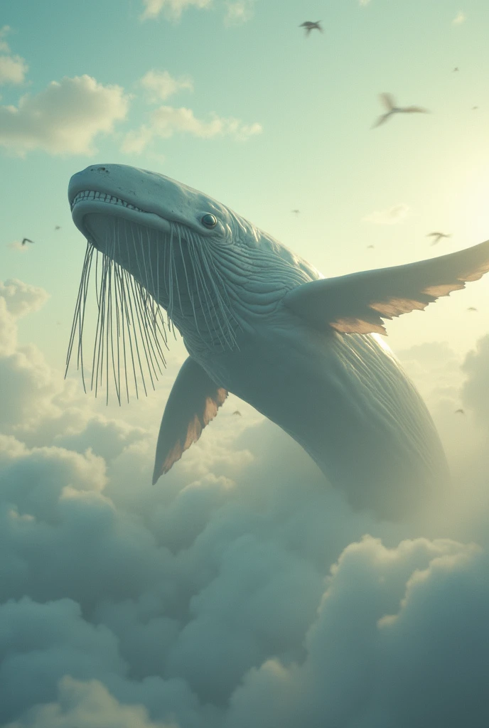 In the sea of clouds, a huge white whale is engaged in a battle with a traditional dragon. The whale has long whiskers and fins like wings. The view is from a low angle, providing a panorama. The resolution is 8k. The scene is filled with flying dust, and the light is from the. The style is in the Zen tradition. The expression on the face is one of astonishment. The composition is epic in scale. The interplay of light and shadow is delicate. There is a sense of motion blur, and the color tone is warm. The atmosphere is mythical. The lens used is a wide-angle one, and the dynamic range is high. The light is from the sidelight, and the shutter speed is fast. The whale is jumping, creating a sense of tension.

