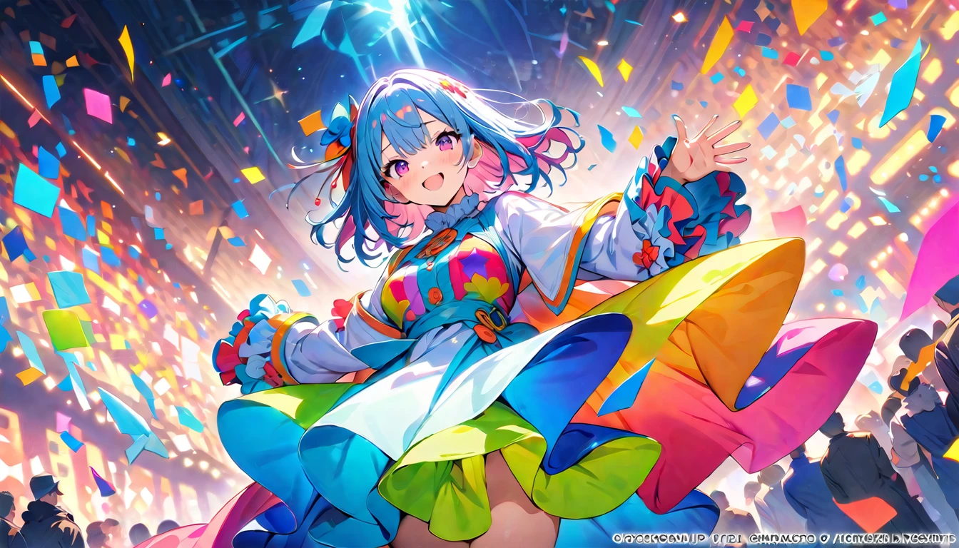 (masterpiece, Highest quality, Official Art:1.2), (colorful), Looking at the audience, one person's, alone, White Background, floating colorful water, Ultra-fine illustrations, highly detailed, Dynamic Angle, beautiful detailed, 8k, break smiling amidst the colorful scenes, (Highest quality, masterpiece, High resolution, detailed), Anime Style, (Shining Eyes, detailed美しい顔), break,Dynamic Angle