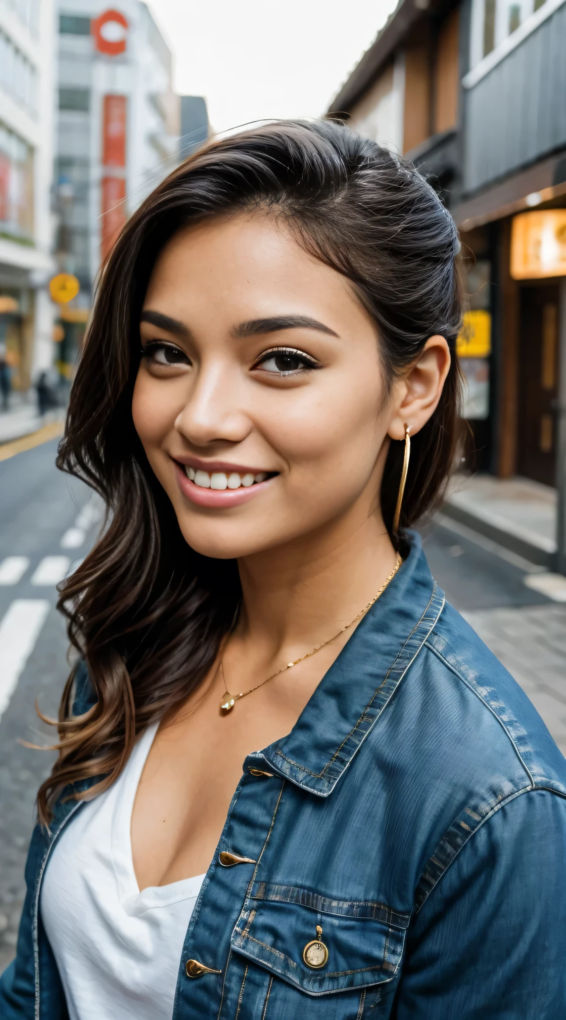 Gorgeous and cute Brazilian women、, Hairstyle Ponytail, Jacket、shirt、smile、Beautiful teeth alignment、Ear piercing、Necklace around the neck、、The background is a street in a Japanese city
