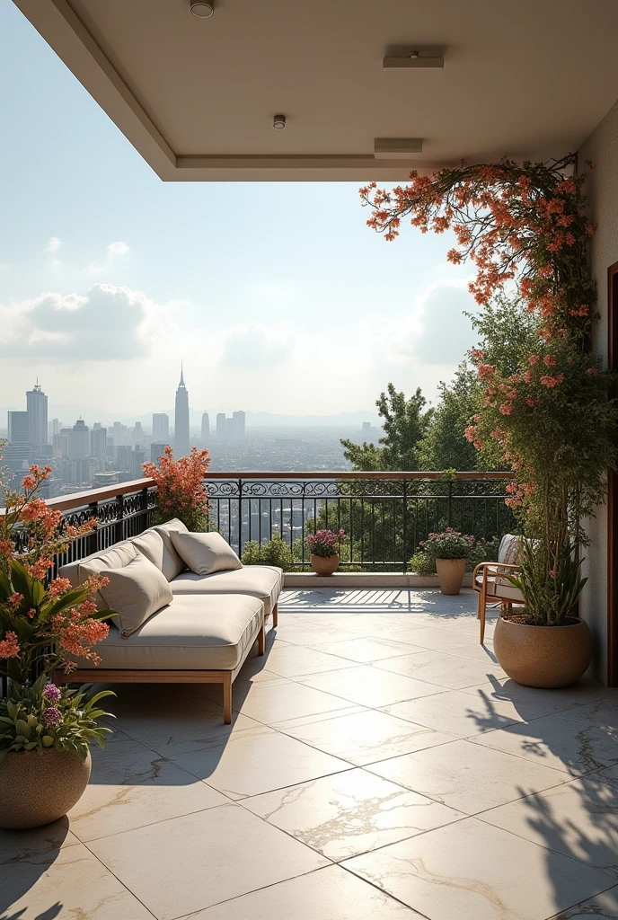 wide shot of a penthouse veranda, with a lot of flowers and marble