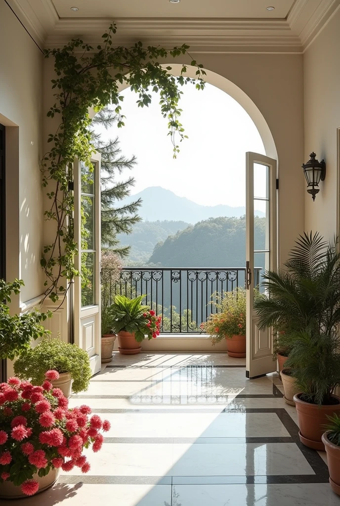 wide shot of a penthouse veranda, with a lot of flowers and marble