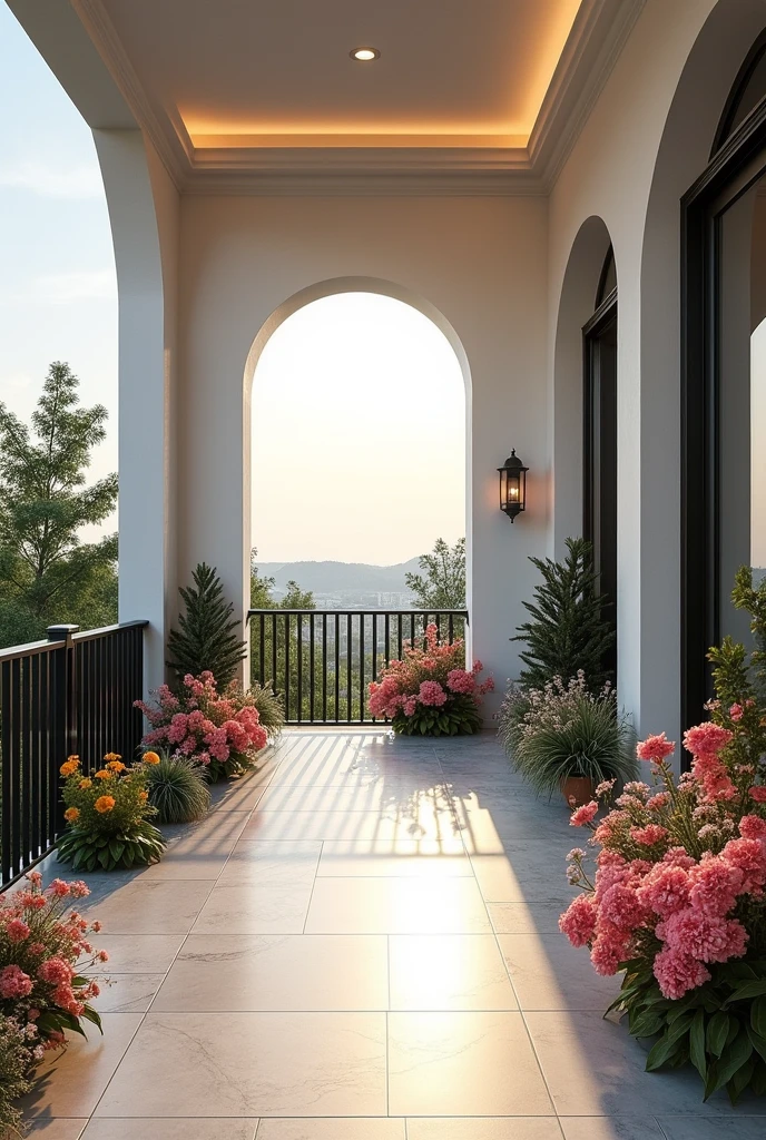 wide shot of a penthouse veranda, with a lot of flowers and marble

