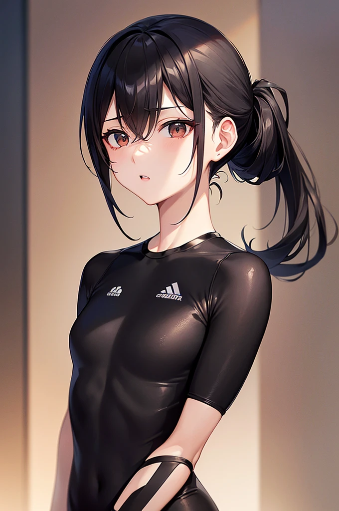 masterpiece, best quality,anime style, 1 girl,(((slender body))), (((small eyes,small breast))),(((athlete suit))),(cum), (beautiful face), (((short ponytail))), (((straight hair))), ((((black hair)))),detailed beautiful skin, (perfect hands, perfect anatomy),scream