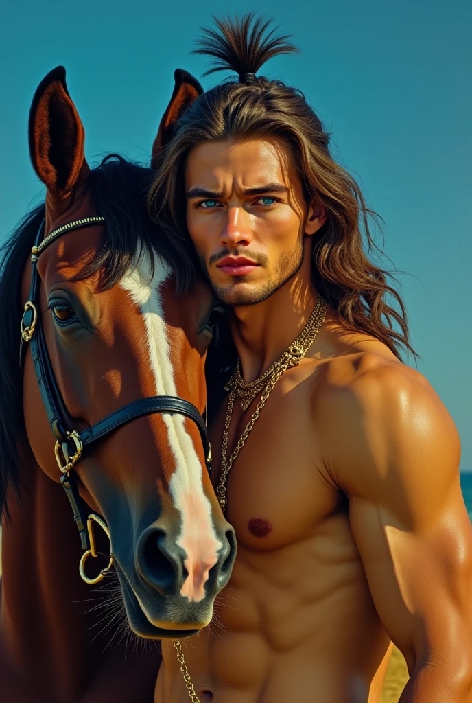 full body long shot, wide shot, a beautiful man with long hair and bright piercing blue eyes, standing next to his horse in the style of Artgerm, detailed oil painting portrait, perfect face features, wearing gold jewelry, blue background, yellow lighting, black head dress on top of his mane.