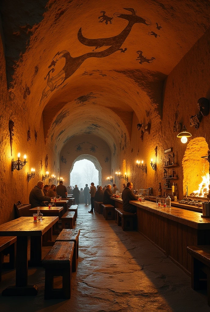 Create a pub with cave painting decoration.