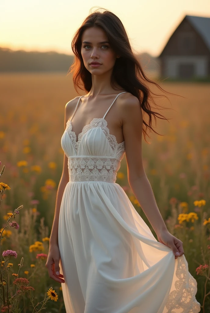 A young woman in a sprawling, 18 years old, blue eyes, dark black hair, rustic country field at sunset. She's wearing a simple white sundress with lace detailing, and her hair is down in loose, straight. Her makeup is understated, emphasizing her blue eyes and the warmth of the golden hour lighting. The field is dotted with wildflowers and a distant rustic barn, portraying a serene and picturesque rural setting. She is slightly lifting the sundress to make her appear sexy