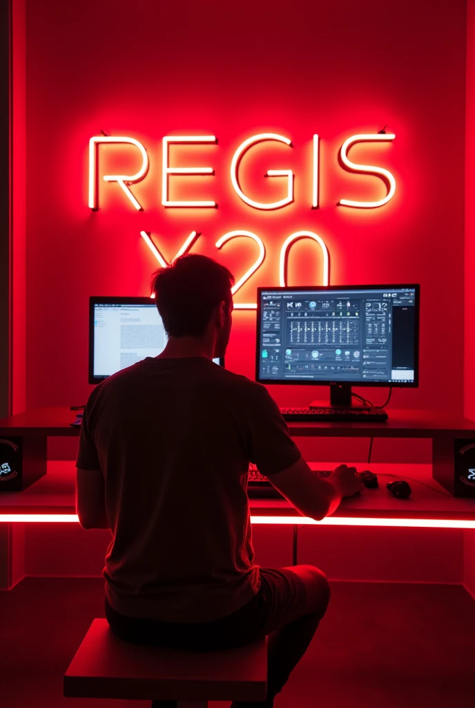Man playing in front of a bench with two monitors and a p5, bench with red neon on top, in the background behind the player a red neon sign with the words REGIS X20 written on it
