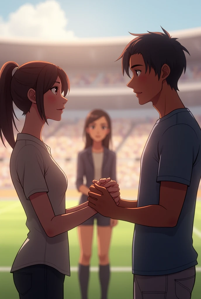 Claudia, a brown-haired woman with her hair up, and Ricardo, a black-haired man, are holding hands, with an expression of respect and mutual understanding. Sofia black-haired woman smiles in the background, showing satisfaction for the fair resolution. The scene is calmer, with the stadium background clear. The light is soft to convey a sense of positive resolution and learning..