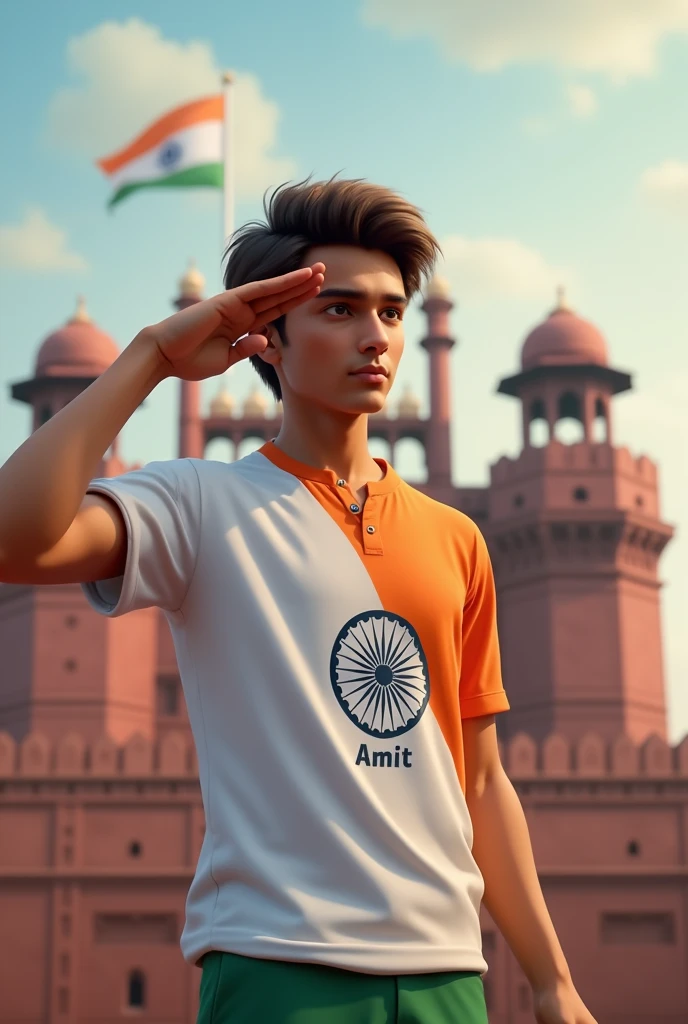 Independent day in indian flag with a boy 18 year old indian flag selute and white shirt on shirt name ''Amit" in background indian lalkila