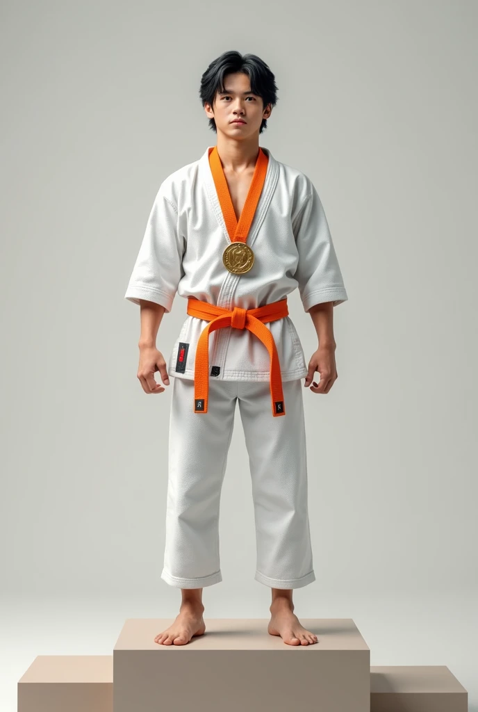Young white man with slightly long black hair on podium, with first place medal in karate, orange belt
