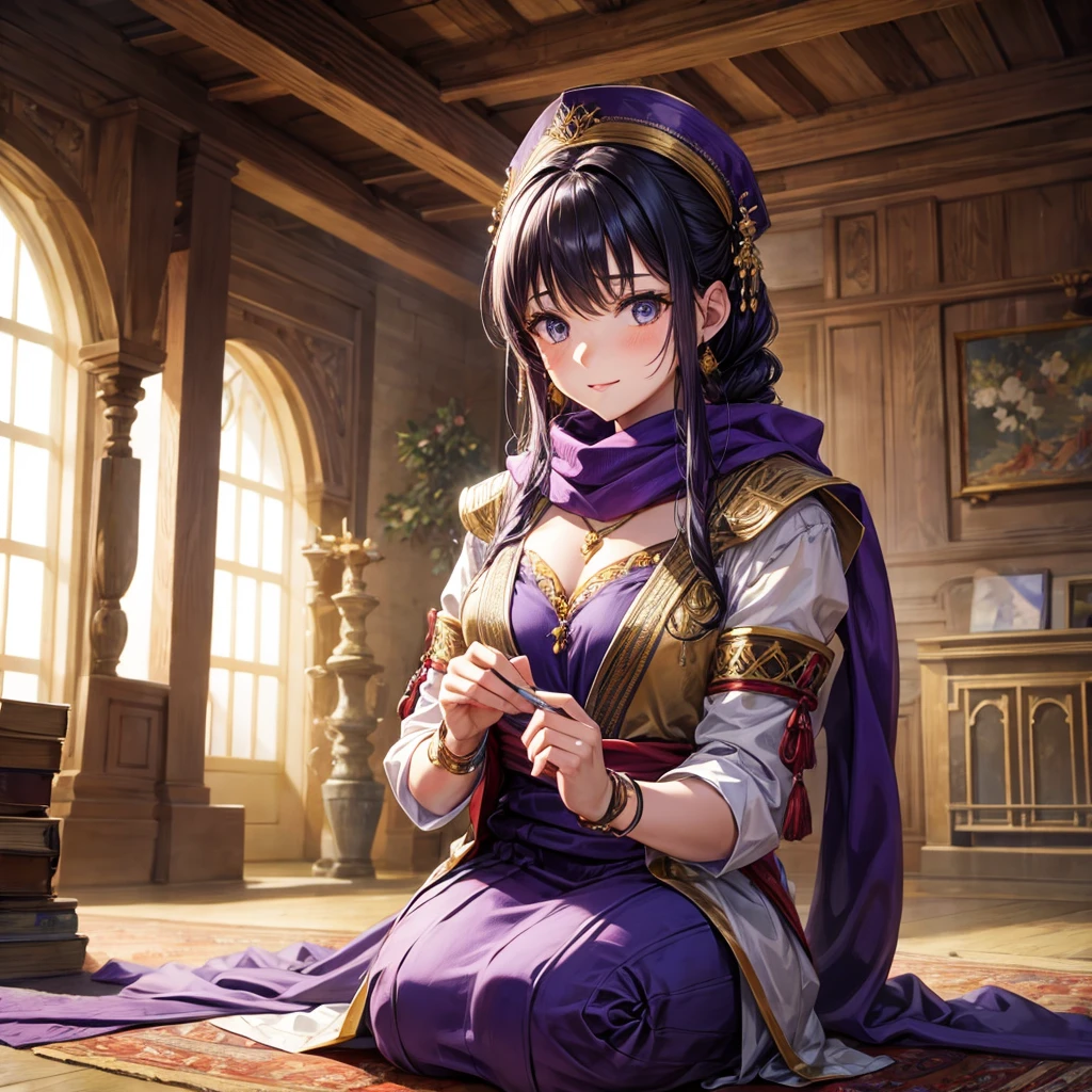 A woman, Ancient costume in purple color and flowers drawings,making a scarf,mills set, Ancient room