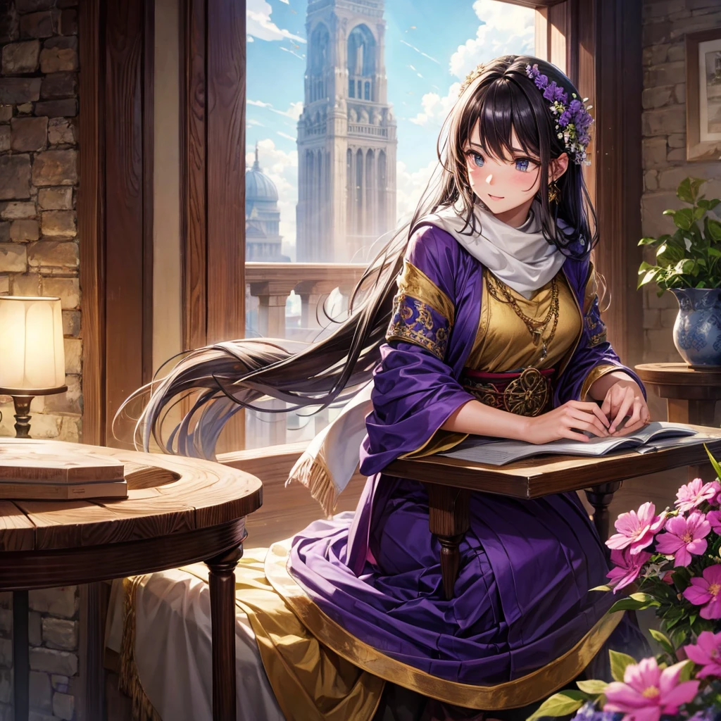 A woman, Ancient costume in purple color and flowers drawings,making a scarf,mills set, Ancient room