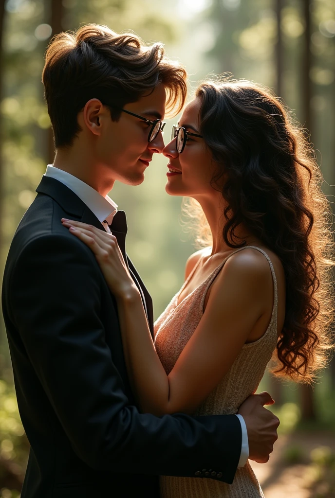 A couple looking at each other face to face with love, They are hugging each other and he has his arms on her waist. Close-up. The boy is white., Beautiful, good boy his clothes are black The girl has loose curly hair, tall with glasses is shorter than him The background has a lot of light and there is a pine forest