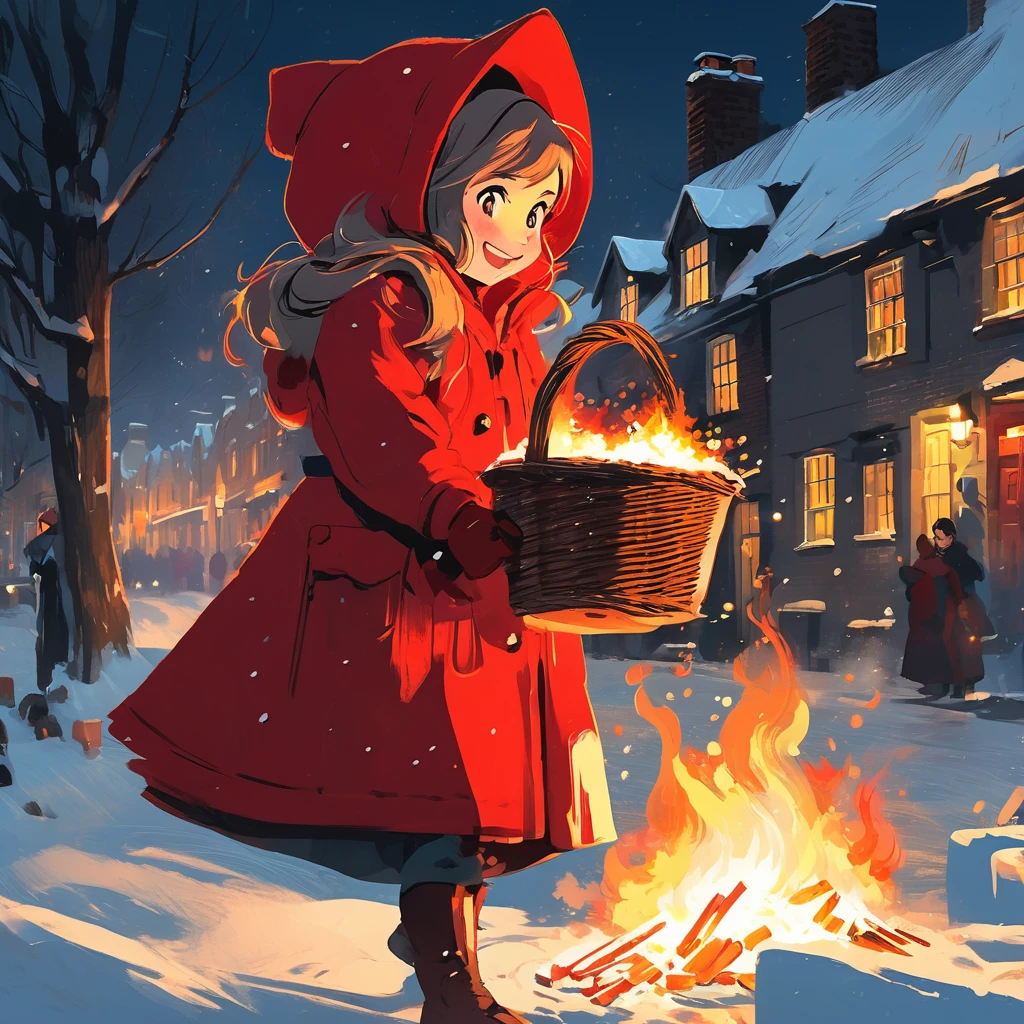 Bold brushstrokes, anime style illustration, midwinter night, crazy fun, cinematic lighting, 19th century, snowy night in London, burning house, one girl, The  Match Girl watches the fire, she smiles with satisfaction and lights a match. She is wearing a red coat with a hood and carrying a basket of matchboxes under her arm. 