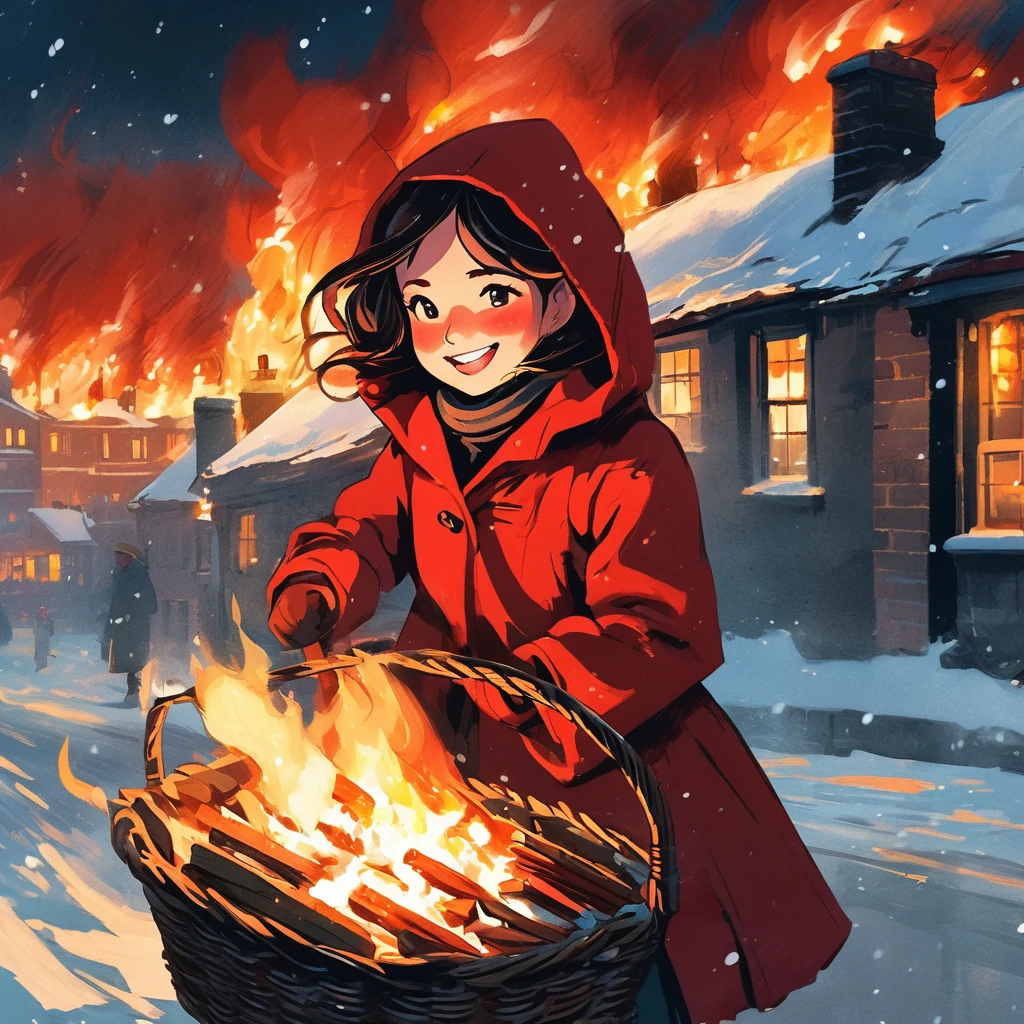 Bold brushstrokes, anime style illustration, midwinter night, crazy fun, cinematic lighting, 19th century, snowy night in London, burning house, one girl, The Little Match Girl watches the fire, she smiles with satisfaction and lights a match. She is wearing a red coat with a hood and carrying a basket of matchboxes under her arm.