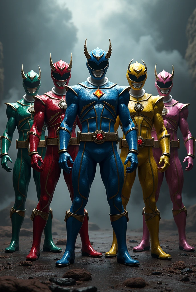 (photorealism:1.2), evil Red Power Ranger, evil Blue Power Ranger, evil Green Power Ranger, evil Yellow Power Ranger, Evil Pink Power Ranger, evil silver Power Ranger