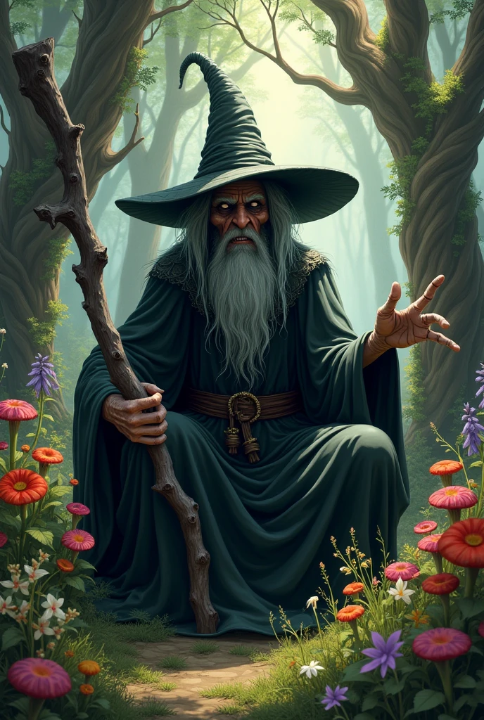 Old scary evil witch in a hat sits in a fairy forest with bright flowers