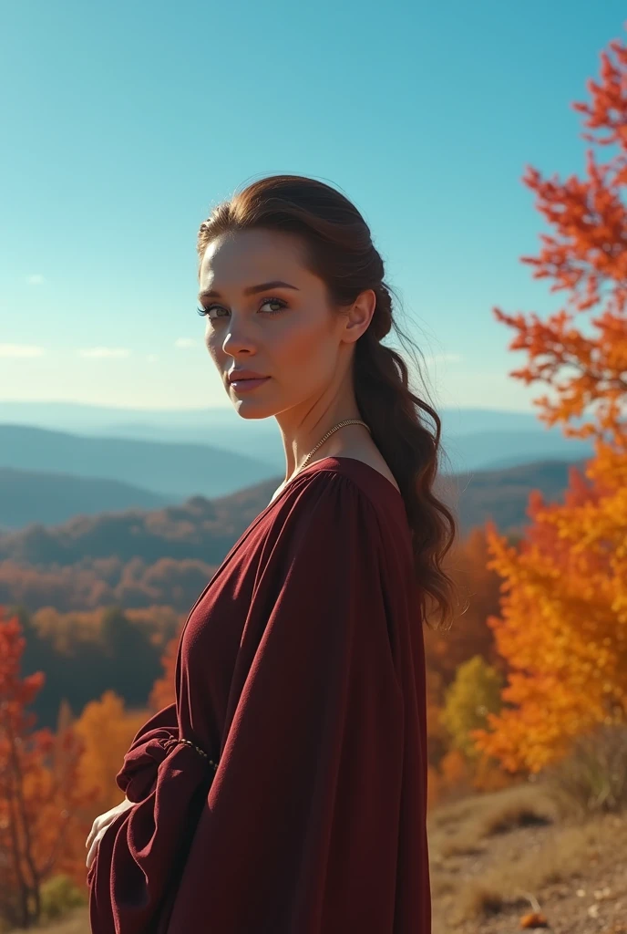 carrie fisher, 8k wallpaper, beautiful photo, standing on a hill with a blue sky, leaves turning colors on trees
