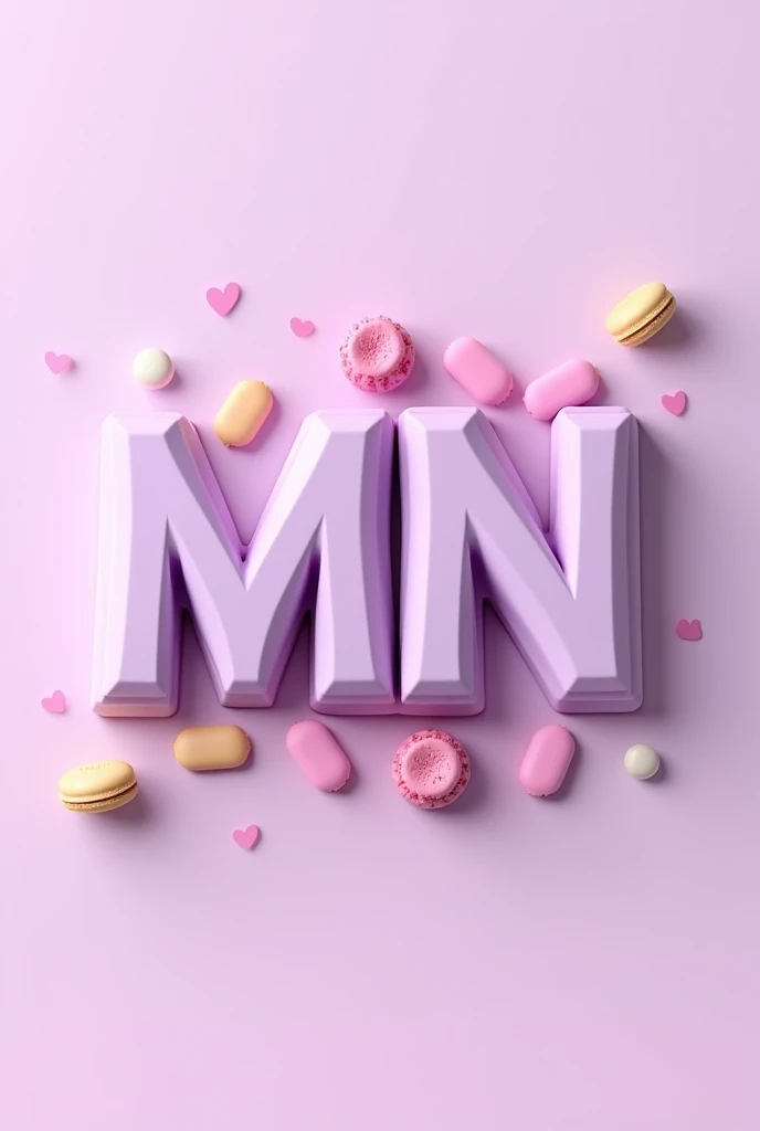 Square logo for confectionery, using pastel lilac color. with the initials "mn" in capital letters. art 3d, moderna e clean. With objects in the background that are related to confectionery. 