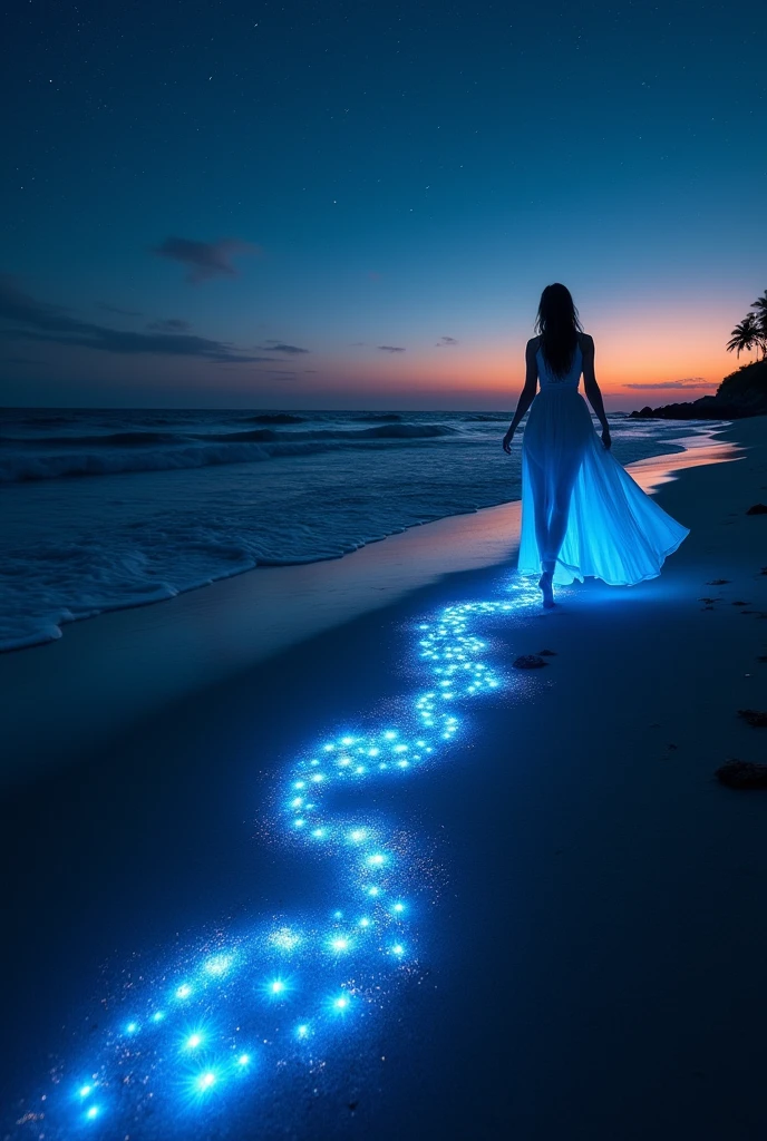 Enime style Create a mesmerizing shot of a serene beach at twilight woth starts filled sky, where the sand glows with the magical bioluminescent effect of the waves. Focus on the footprints left behind by a lady wearing long dress gracefully walking along the shore. Each step she takes leaves a trail of shimmering light, casting a soft, ethereal glow that mirrors the natural bioluminescence of the sea. Capture the delicate interplay between the glowing footprints and the surrounding luminescent sand, highlighting the enchanting beauty of the scene and the gentle, rhythmic motion of her walk. The image should evoke a sense of wonder and tranquility, showcasing the captivating fusion of nature’s light and human presence.