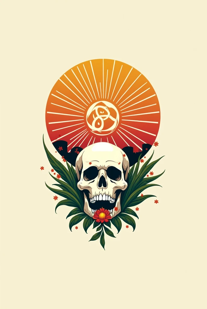 Logo elements :(skull, sun, flores, etc.) Typography:"Sool Urban".
Logo circular: A stylized intertwined syu in the center, with rays extending outward. On the bottom, una skull con detalles florales, symbolizing transformation and renewal. The predominant colors would be reddish orange., yellow and black, with touches of green to represent nature. La Typography sería una sans-serif moderna en forma de hueso y audaz para el nombre "Sool Urban".
