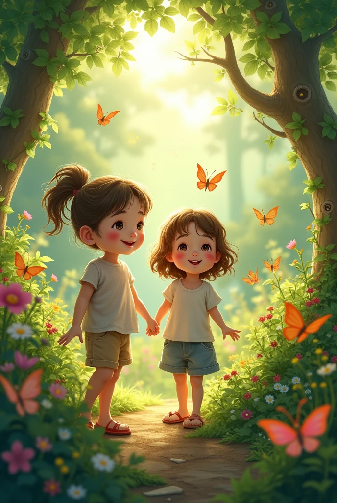 A beautiful enchanted garden with 2 children playing.several butterflies