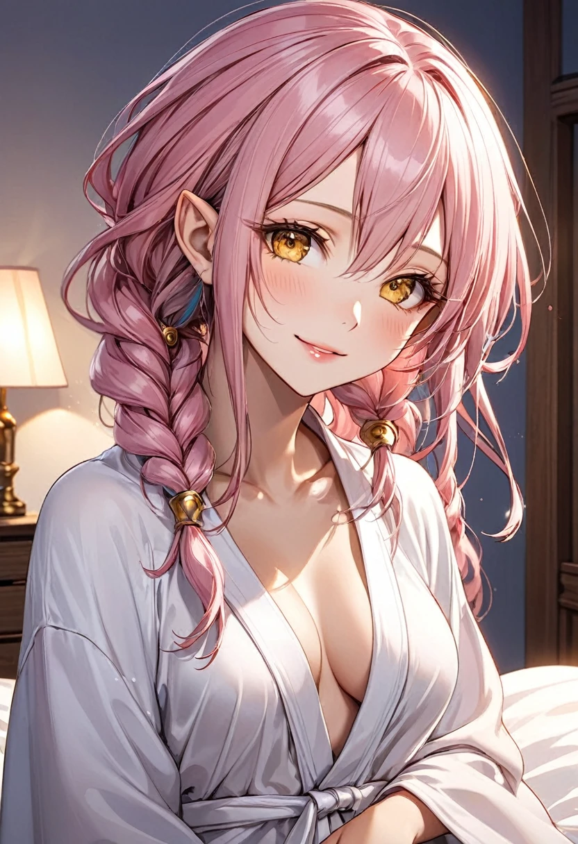 (beautiful elf style), (((tanned skin))) (pov, love style, solo:2, 1000 yo), (beautiful detailed dreadlocks:1.4) (beautiful pink hair long hair sexy elf woman) (beautiful sexy yellow eyes) ((soft smile)) (glossy lip), (small tits), (in a detailed night robe, small tits), break, in the simple bedroom, background best morning sky, BREAK, 16k, masterpiece, best quality, immensely detailed beautiful morning.