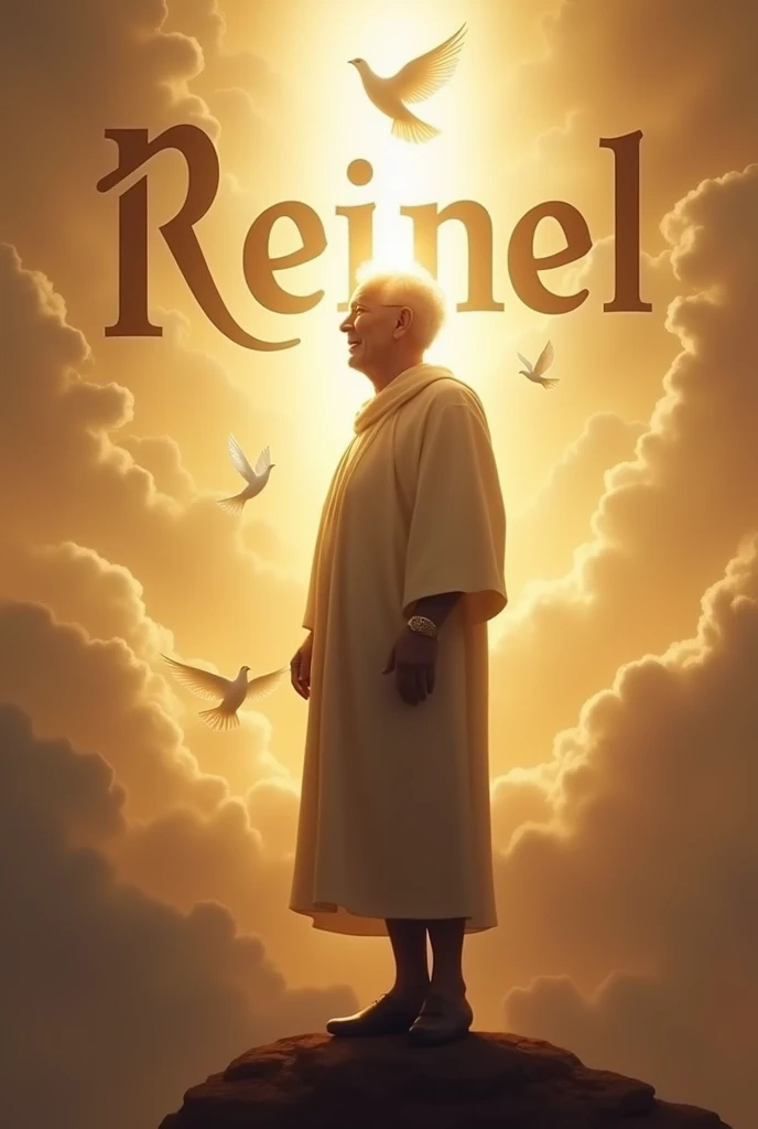 Image with the silhouette of an elderly man ascending to heaven and doves. Put the name 'Reinel' there, with only one name and large. 

Redesign again, put God at his side with only one dove, and Jesus.  Erase one Jesus and one dove and put the name 'Reinel' but keep the same image.

Redesign the image., put reinel 