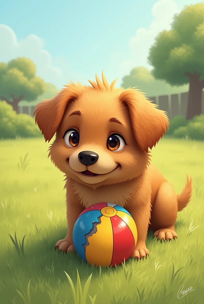 Drawing of the same dog with a burst ball
