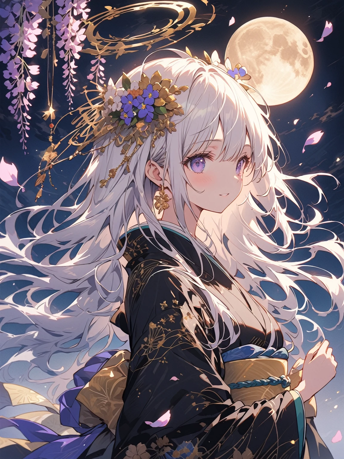 Beautiful girl in a fantastic night view、Anime-style illustrations。Long silvery white hair、Smooth as silk and reflecting light、Fluttering gracefully in the wind。大きなredい瞳、Filled with deep emotion、Shine mystically。Dark blue kimono、Flower and butterfly patterns delicately embroidered with gold thread、Intricate floral decoration on sleeves and hem。A gorgeous flower crown on the head、red、green、purple、pinkの花々The layers are、Wisteria flowers hang gracefully down。My skin is illuminated by the moonlight、Smooth and soft shine like white porcelain。A dignified expression、His eyes show deep thought and a little sadness。Lean your body slightly to the left、The folds of the kimono beautifully overlap。Hair swaying in the wind、The sleeves of the kimono flutter like butterflies。Moonlight and magical light particles softly illuminate your skin、Gives hair a silvery shine。Reflection of light in the eyes、Expressing vitality and mystery。The delicate stitching of the collar and cuffs of Japanese clothing、The gold thread embroidery catches the light and sparkles.。corolla flower々Vivid texture、Expressing the delicacy and three-dimensionality of the petals。Delicate depiction of fingertips、Strength and elegance in your hand。Mysterious and magical atmosphere、Expressions that wander the boundary between reality and dreams。Strength and fragility、A complex allure where beauty and danger coexist。A unique worldview that combines Japanese traditions with magical elements。Against the background of the night sky、A large full moon or halo surrounds the girl。Wisteria flowers hang down profusely、purpleとpinkのグラデーションで幻想的な雰囲気を醸成。Cherry blossom petals flutter in the wind、Expressing delicate movement and a sense of the seasons。Specular reflection on the water surface、Moonlight and flowers々The light of、Creating a fantastical other world。ハイクオリティなAnime-style illustrations、Carefully depicted in detail with delicate lines and rich colors。Fantastic and mysterious atmosphere、Expressing a dreamlike worldview that is far removed from reality。purple、green、pink、Focus on gold tones、深いgreenと明るい光のコントラストが印象的。Strong contrast of light and shadow、Expressing the expanse of space with a sense of depth and 3D effect。Particles of light fly through the air、The stardust-like glow creates a fantastic atmosphere。Petals and light particles dance on the wind、Add movement and life to the entire screen。Magical halo around the character、A mysterious aura。Reflection of light on the water surface、The shimmering water blurs the boundary between reality and fantasy。Position the character slightly left of the center of the screen、3/Four angles emphasize three-dimensionality and depth。Large circular light source in the background、The characters are arranged to envelop them.々Produce a sense of beauty。Vertical composition、Flowers on top々and light、The reflection of the water at the bottom expresses the connection between heaven and earth.。A multi-layered background that gives a sense of depth、Detailed depiction from the foreground to the background、Creating a fantastic space。