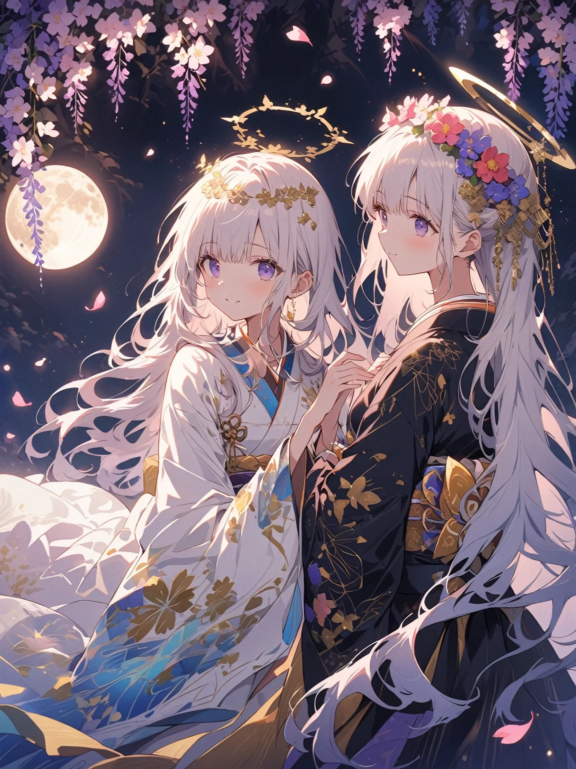 Beautiful girl in a fantastic night view、Anime-style illustrations。Long silvery white hair、Smooth as silk and reflecting light、Fluttering gracefully in the wind。大きなredい瞳、Filled with deep emotion、Shine mystically。Dark blue kimono、Flower and butterfly patterns delicately embroidered with gold thread、Intricate floral decoration on sleeves and hem。A gorgeous flower crown on the head、red、green、purple、pinkの花々The layers are、Wisteria flowers hang gracefully down。My skin is illuminated by the moonlight、Smooth and soft shine like white porcelain。A dignified expression、His eyes show deep thought and a little sadness。Lean your body slightly to the left、The folds of the kimono beautifully overlap。Hair swaying in the wind、The sleeves of the kimono flutter like butterflies。Moonlight and magical light particles softly illuminate your skin、Gives hair a silvery shine。Reflection of light in the eyes、Expressing vitality and mystery。The delicate stitching of the collar and cuffs of Japanese clothing、The gold thread embroidery catches the light and sparkles.。corolla flower々Vivid texture、Expressing the delicacy and three-dimensionality of the petals。Delicate depiction of fingertips、Strength and elegance in your hand。Mysterious and magical atmosphere、Expressions that wander the boundary between reality and dreams。Strength and fragility、A complex allure where beauty and danger coexist。A unique worldview that combines Japanese traditions with magical elements。Against the background of the night sky、A large full moon or halo surrounds the girl。Wisteria flowers hang down profusely、purpleとpinkのグラデーションで幻想的な雰囲気を醸成。Cherry blossom petals flutter in the wind、Expressing delicate movement and a sense of the seasons。Specular reflection on the water surface、Moonlight and flowers々The light of、Creating a fantastical other world。ハイクオリティなAnime-style illustrations、Carefully depicted in detail with delicate lines and rich colors。Fantastic and mysterious atmosphere、Expressing a dreamlike worldview that is far removed from reality。purple、green、pink、Focus on gold tones、深いgreenと明るい光のコントラストが印象的。Strong contrast of light and shadow、Expressing the expanse of space with a sense of depth and 3D effect。Particles of light fly through the air、The stardust-like glow creates a fantastic atmosphere。Petals and light particles dance on the wind、Add movement and life to the entire screen。Magical halo around the character、A mysterious aura。Reflection of light on the water surface、The shimmering water blurs the boundary between reality and fantasy。Position the character slightly left of the center of the screen、3/Four angles emphasize three-dimensionality and depth。Large circular light source in the background、The characters are arranged to envelop them.々Produce a sense of beauty。Vertical composition、Flowers on top々and light、The reflection of the water at the bottom expresses the connection between heaven and earth.。A multi-layered background that gives a sense of depth、Detailed depiction from the foreground to the background、Creating a fantastic space。